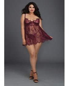 Lace Babydoll Underwire Cups &amp; Thong Purple 3X